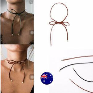 Women Lady Girl retro Boho Synth Leather Tie up Bow Short Neck Choker Necklace