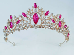 Women Bride Prom Pink Rhinestone Queen Crystal Gold Color Headband Tiara Crown