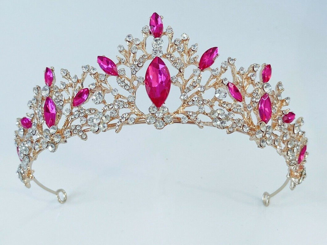 Women Bride Prom Pink Rhinestone Queen Crystal Gold Color Headband Tiara Crown