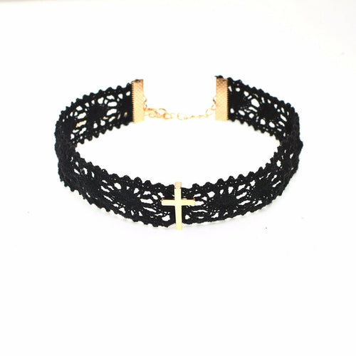 Women Lady Lace Gothic Cross Black Neck Choker Party Short Necklace band wrap