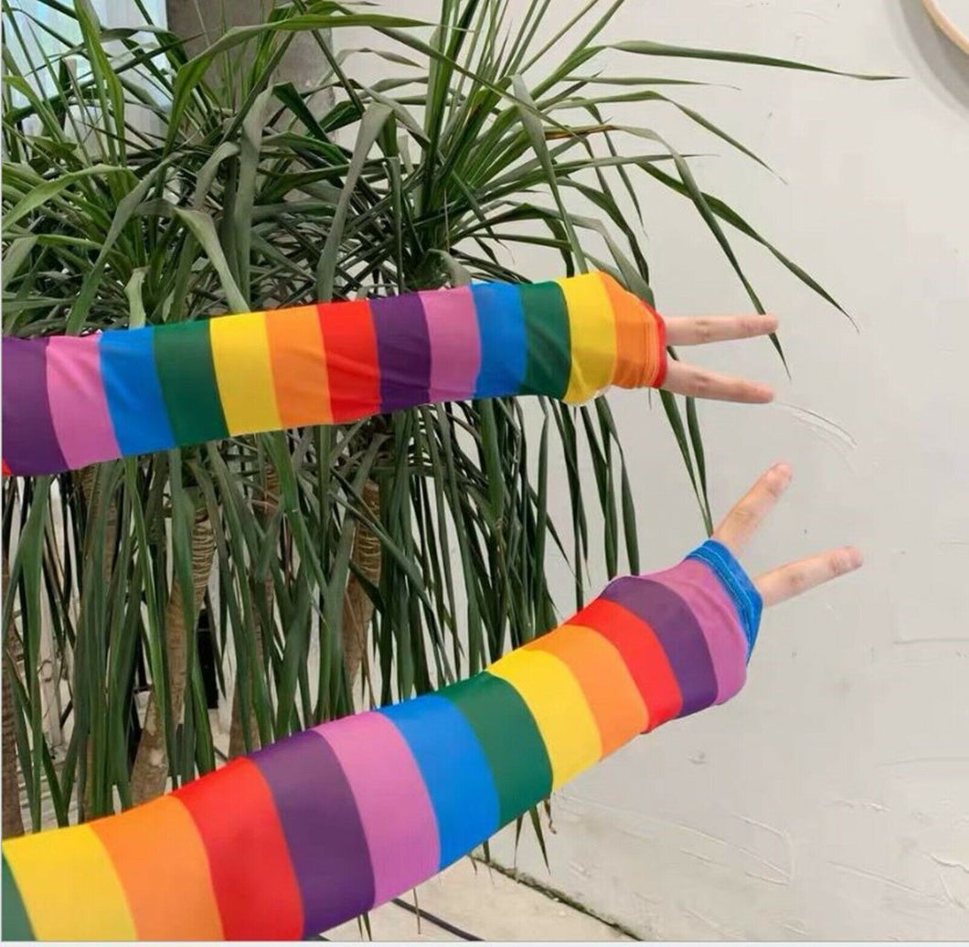 Women Girls Party Rainbow colorful Stripe Long Arm Driving Fingerless Gloves