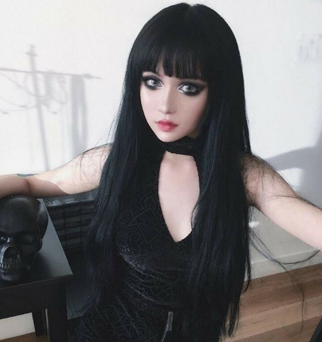 Women Black Fancy Party Function Fringe Natural Straight long Hair Full Wigs