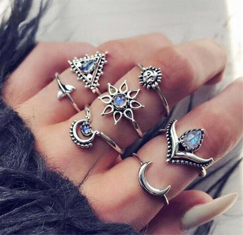 Women 7pc BOHO Silver color Retro Joint knuckle stacking Finger tip Rings set