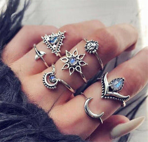 Women 7pc BOHO Silver color Retro Joint knuckle stacking Finger tip Rings set