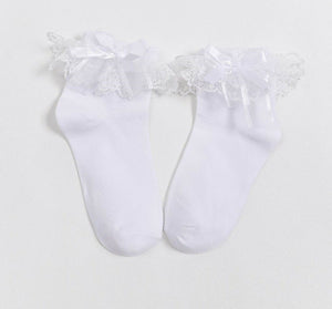 Lady Girl Pure White Ankle Ruffle Frilly Short Lace Dress Bow Crew Socks AUS 4-6