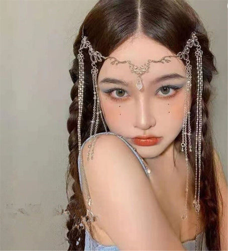 Women BOHO Crystal Moon Silver Hair forehead chain head band Headband Headpiece