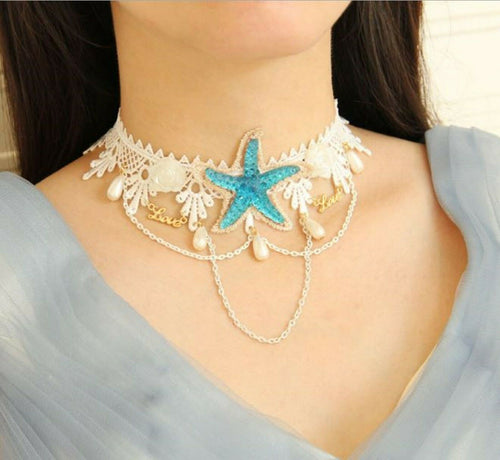 Women retro BOHO Mermaid Blue Sea Star White Crochet choker Short Necklace chain