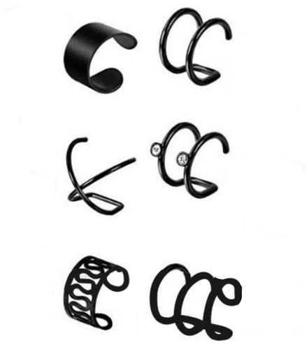 6x Women Black Gothic Clip On Side No Ear Piercing Fake Helix Cuff Earrings Set