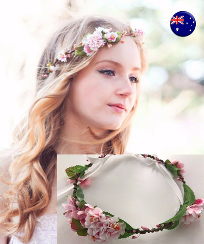 Women Pink flower Girl wedding Bride Party Hair Floral Headband Prop Garland