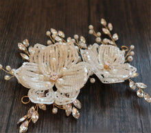 Women Gold Crystal Beads Flower Rustic Bride Hair Comb hair accessory Clip Pin