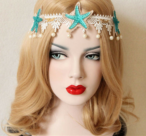 Women Blue Girl Mermaid Sea Star Shell Pearl Hair Headband crown Prop Garland