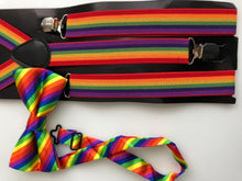 Man Lady mardi gra Costume Rainbow Colorful Stripe Brace Suspender belt bowtie