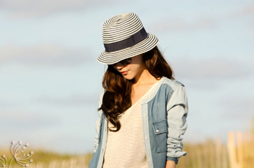 Women Chic Stripe Marine Navy Stripe Fedora Trilby Beach foldable Travel Hat