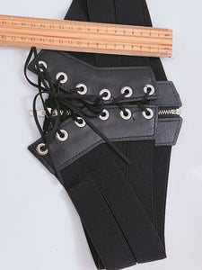 Women Black Retro Party Waist Elastic Wide Corset Belt band Tie up Zip Wrap