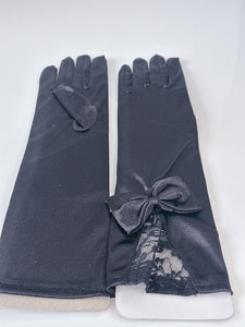Women Opera Bride Hollywood Party Fancy Ball Wedding Satin Black Lace Bow Gloves