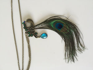 Women Retro Metallic Peacock Feather Look blue Green Sweater Long chain Necklace