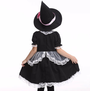 Kid Girl Children Fancy Halloween Party Witch wizard Costume Dress + Hat Set