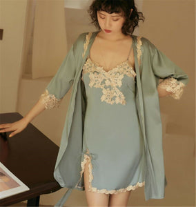 Women Satin Sexy Kimono YUKATA Green Bath Robe Sleepwear Nighties Gown ONLY