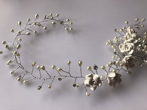 Women White Wedding Bride Bridal Pearl white Flower Party Hair Headband comb pin