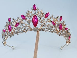 Women Bride Prom Pink Rhinestone Queen Crystal Gold Color Headband Tiara Crown