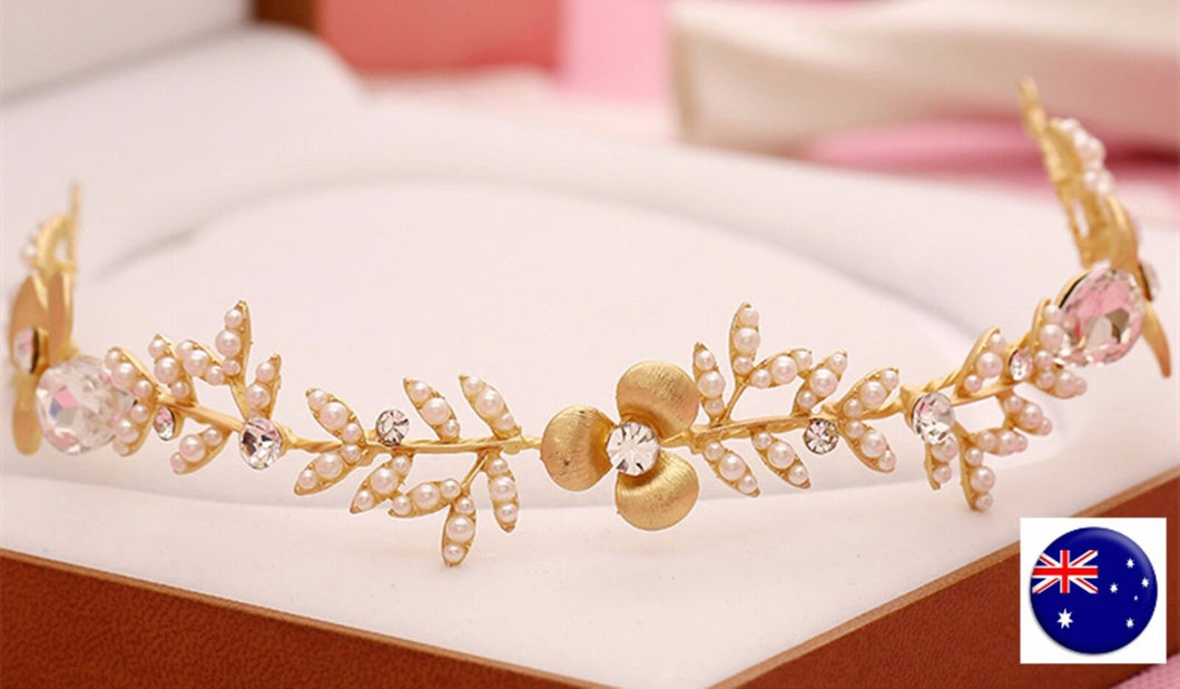 NEW Women Bride Beach wedding Flower Girl gold leaf Pearl Hair Headband Garland