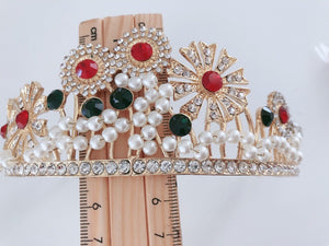 Women Gold Rhinestone Crystal Pearl Sun Party Hair Headband Crown Tiara Earrings