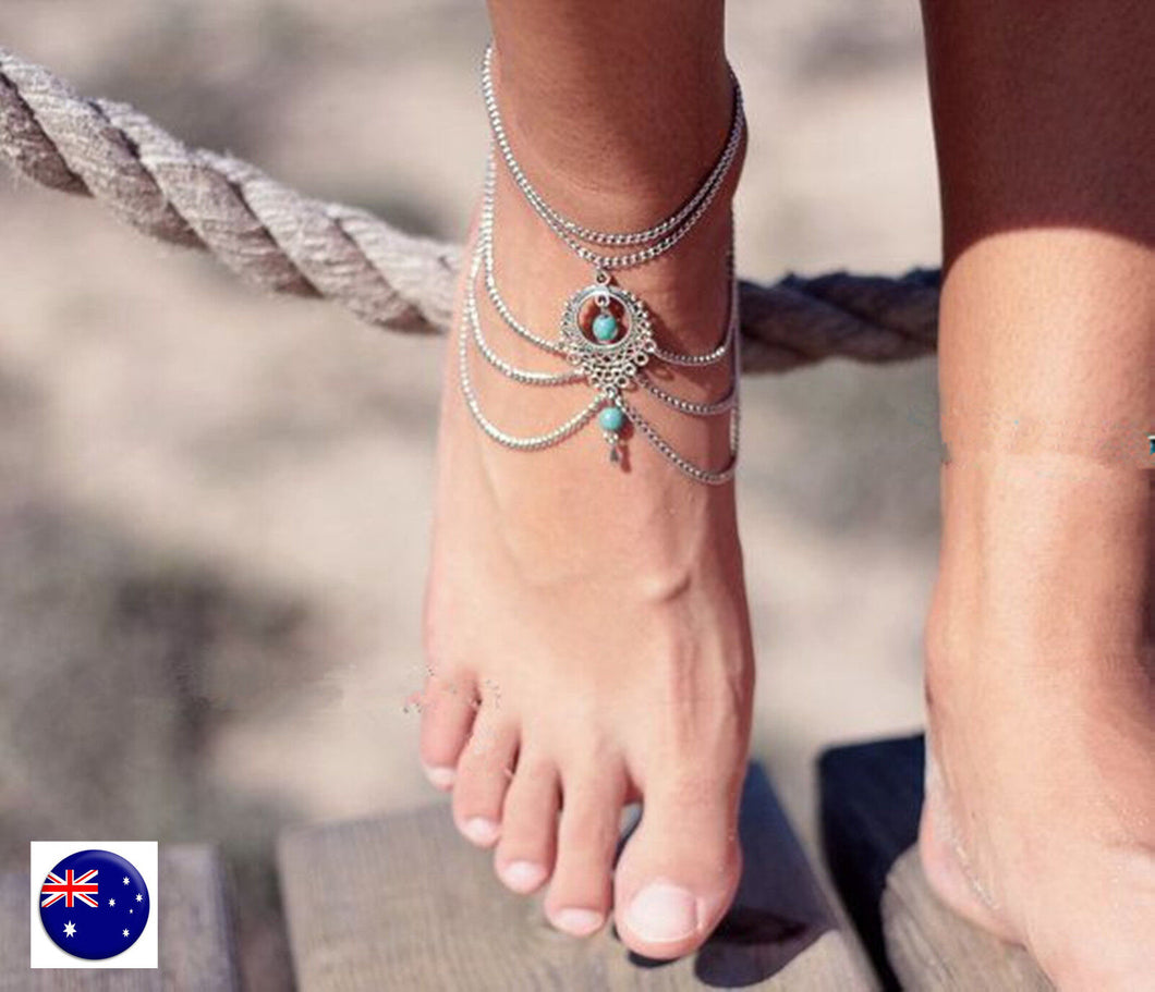 NEW Women Lady Dance Beach Party Boho Wedding Sandals silver Foot Anklets Chain