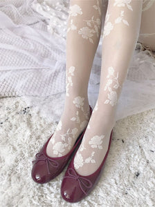 Women Fancy Retro White lace embroidery Rose Flower Stockings Pantyhose Tights