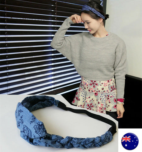 Women lady Girl Boho Retro cotton blue braided elastic Hair band Headband Wrap