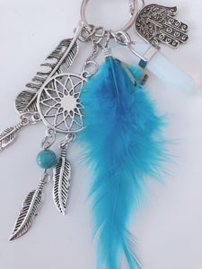 Women Bohemian BOHO Blue Feather Dream Catcher Crystal Key Ring holder Keyring