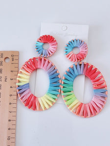 Women Raffia Beach Rainbow Colorful Multi-cloured Geometry Oval Big Earrings