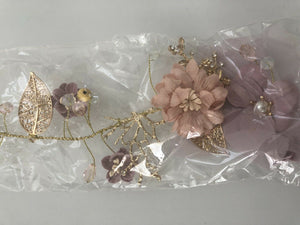 Women Wedding Bride Gold leaf Pink Flower Hair band head piece garland tiara