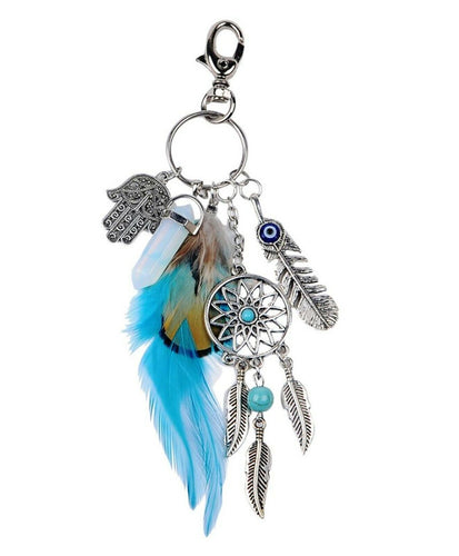 Women Bohemian BOHO Blue Feather Dream Catcher Crystal Key Ring holder Keyring