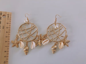 Women lady Retro boho Gold Color Star Shell Dream Catcher Look Dangle Earrings