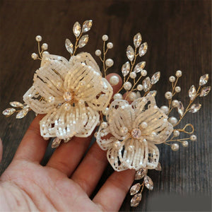 Women Gold Crystal Beads Flower Rustic Bride Hair Comb hair accessory Clip Pin