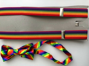Man Lady mardi gra Costume Rainbow Colorful Stripe Brace Suspender belt bowtie