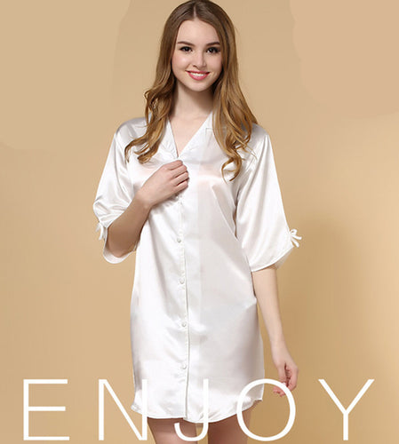 Women White Silky feel Nighties Sleepwear Sleep Kimono Dress Lingerie