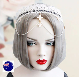 Women Girl Retro boho Party White Lace forehead chain Hair Headband Prop Hoop