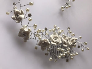 Women White Wedding Bride Bridal Pearl white Flower Party Hair Headband comb pin