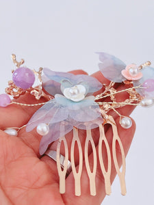 Women Girl Fancy Blue Butterfly Pearl Twig Hair Comb Clip Pin Haipin Hairpiece