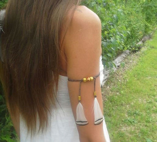 Women Girl Bohemian White Feather Suede Wedding Bride Arm Chain Band jewellery