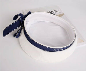 Women White Sailor Marine Navy Anchor Beanie French Beret Hat Cap with Ribbon