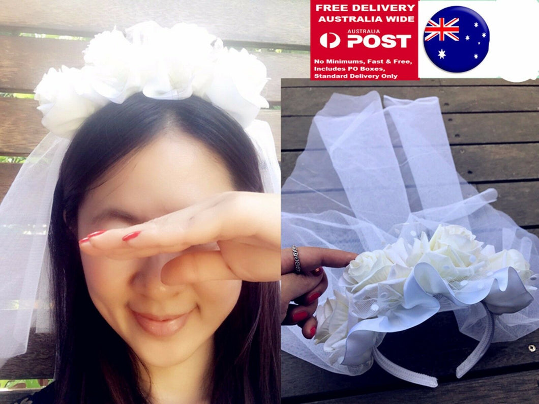 Women Flower Girl Bride White Rose Veil Halloween Party Hair band Headband CROWN
