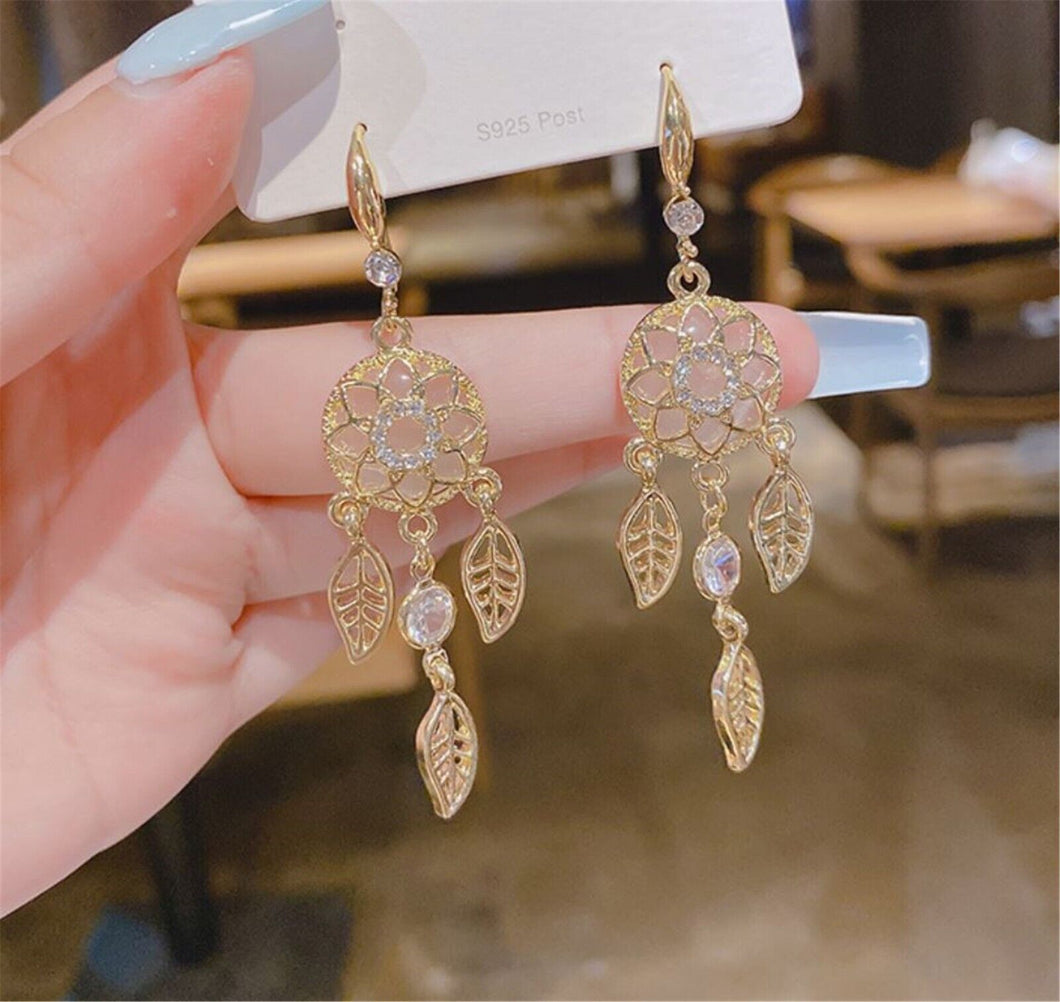 Women Gold Color Dream Catcher Feather Leaf Shape Dangle Earrings