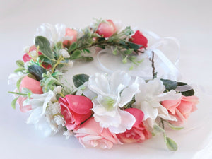 Women White Pink Rose Flower Girl Rustic Woodland Hair Headband Crown Garland