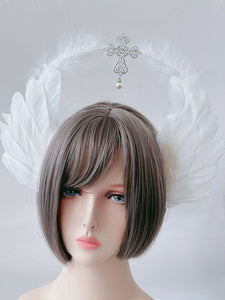 Women White Feather Cross Gothic Halo Hair Hoop Headband Crown Tiara Fascinator