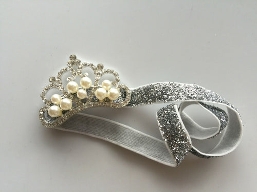 Girl Kid Baby Princess Party Pearl Cystal Crown Tiara elastic Hair Head Band Silver Glitter Band