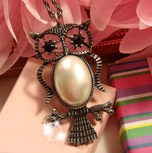 Women Fashion Retro Pearl Owl Alloy Metallic Long Chain Pendant Dress Necklace