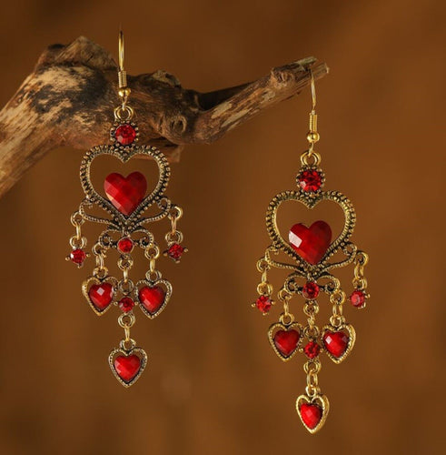 Women Retro Boho Bohemia Chandelier Red Heart tassel Hook Drop Dangle Earrings