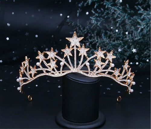 Women Stunning Star Crystal Rhinestone Rose Gold Color Party Hair Tiara Crown